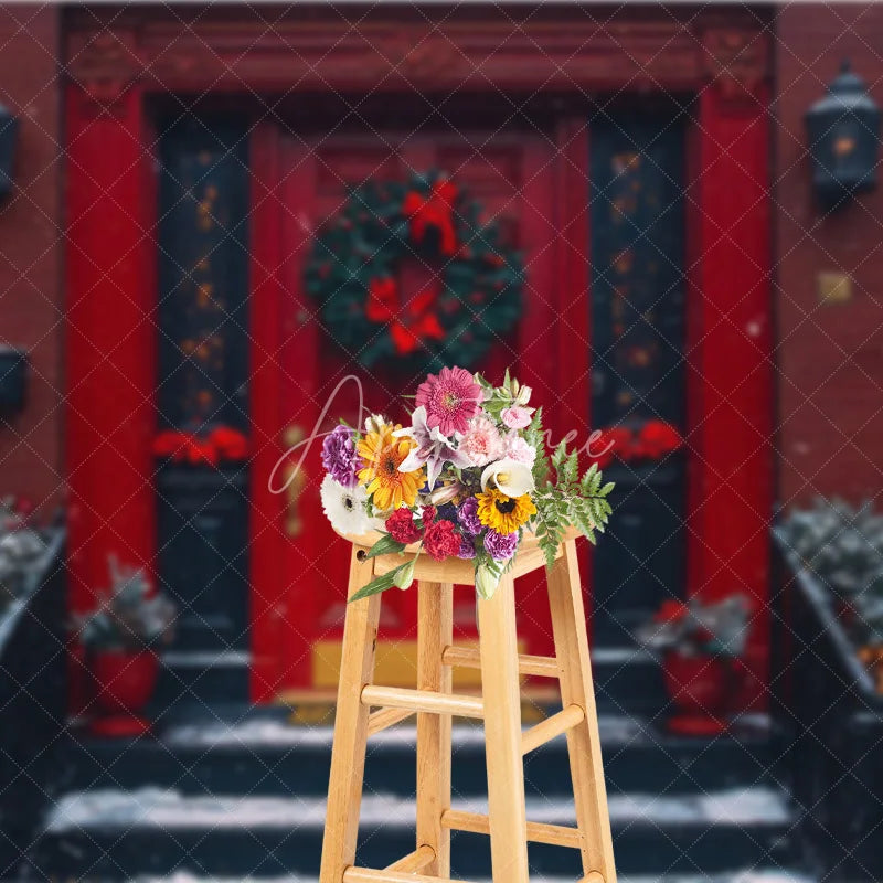 Aperturee - Aperturee Christmas Front Door Backdrop Red Brick House Wreath Photography Background Winter Snow Entryway Holiday Party