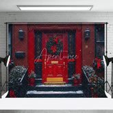 Aperturee - Aperturee Christmas Front Door Backdrop Red Brick House Wreath Photography Background Winter Snow Entryway Holiday Party