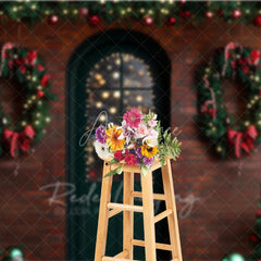 Aperturee - Aperturee Christmas Front Door Backdrop Red Brick Wall Wreath Photography Background Winter Snow Entrance Holiday Party