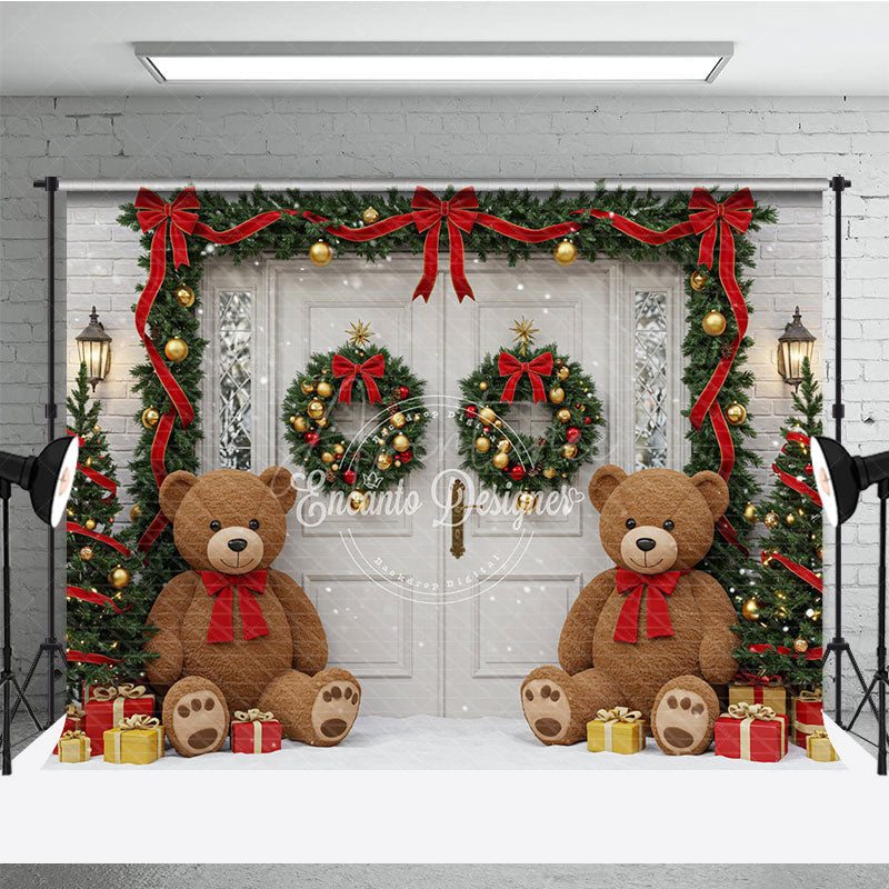 Aperturee - Aperturee Christmas Front Door Photography Backdrop Teddy Bears in the Snow with Garland Holiday Photo Background