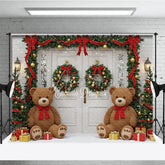 Aperturee - Aperturee Christmas Front Door Photography Backdrop Teddy Bears in the Snow with Garland Holiday Photo Background