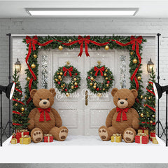 Aperturee - Aperturee Christmas Front Door Photography Backdrop Teddy Bears in the Snow with Garland Holiday Photo Background