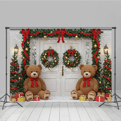 Aperturee - Aperturee Christmas Front Door Photography Backdrop Teddy Bears in the Snow with Garland Holiday Photo Background
