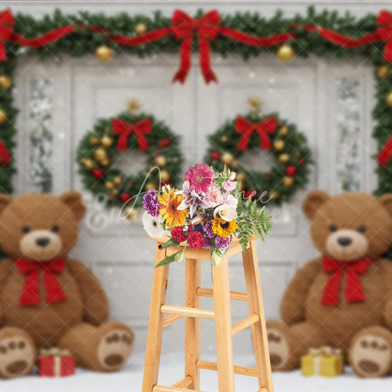 Aperturee - Aperturee Christmas Front Door Photography Backdrop Teddy Bears in the Snow with Garland Holiday Photo Background
