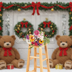 Aperturee - Aperturee Christmas Front Door Photography Backdrop Teddy Bears in the Snow with Garland Holiday Photo Background