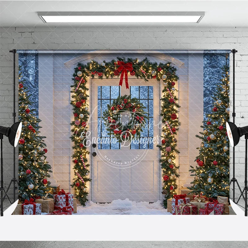 Aperturee - Aperturee Christmas Front Door Photography Backdrop White Door with Garland and Red Bows Snowy Holiday Photo Background