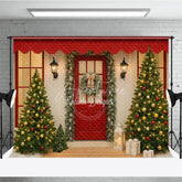Aperturee - Aperturee Christmas Front Porch Photography Backdrop Red Door with Garland and Trees Welcoming Holiday Photo Background
