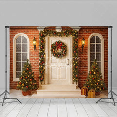 Aperturee - Aperturee Christmas Front Porch Photography Backdrop White Door with Brick Wall and Garland Holiday Photo Background