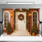 Aperturee - Aperturee Christmas Front Porch Photography Backdrop White Door with Brick Wall and Garland Holiday Photo Background