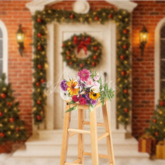 Aperturee - Aperturee Christmas Front Porch Photography Backdrop White Door with Brick Wall and Garland Holiday Photo Background