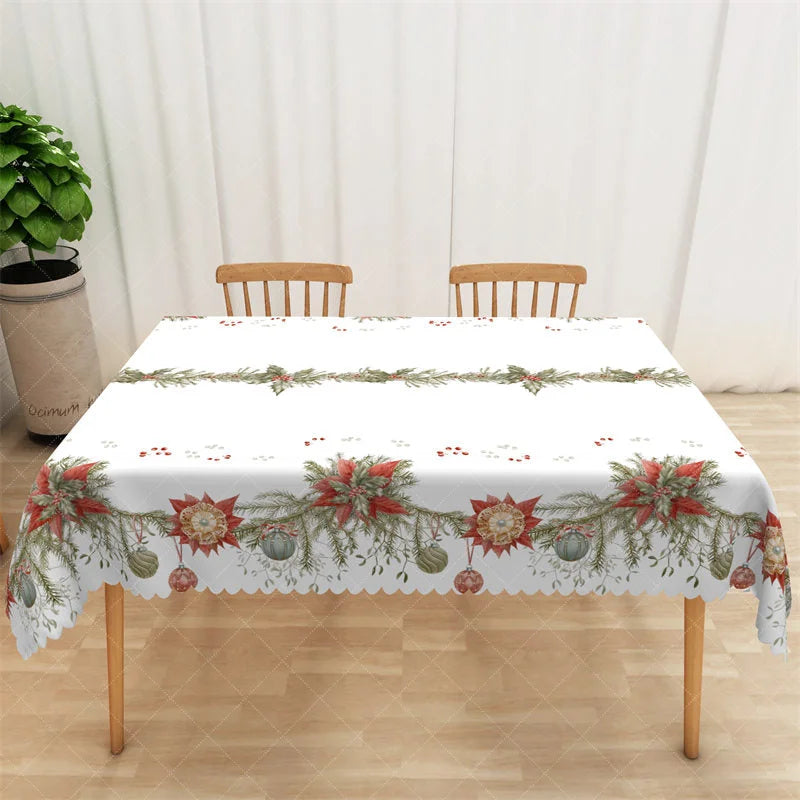 Aperturee - Aperturee Christmas Garland Rectangle Tablecloth White with Pine Branch Berries Elegant Holiday Table Cover