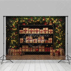 Aperturee - Aperturee Christmas Gift Wall Photography Backdrop Shelves of Presents with Plaid Ribbons Holiday Mini Session Background