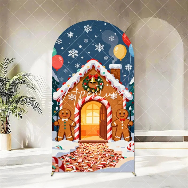 Aperturee - Aperturee Christmas Gingerbread House Arch Backdrop Decorated Tree with Gifts Winter Holiday Party Banner