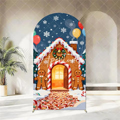 Aperturee - Aperturee Christmas Gingerbread House Arch Backdrop Decorated Tree with Gifts Winter Holiday Party Banner