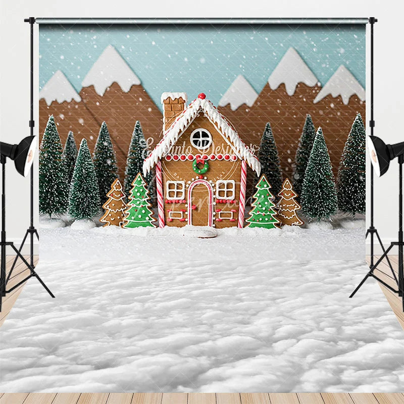 Aperturee - Aperturee Christmas Gingerbread House Combo Set Backdrop Snowy Candy Village with Cloud Floor Holiday Photo Scene