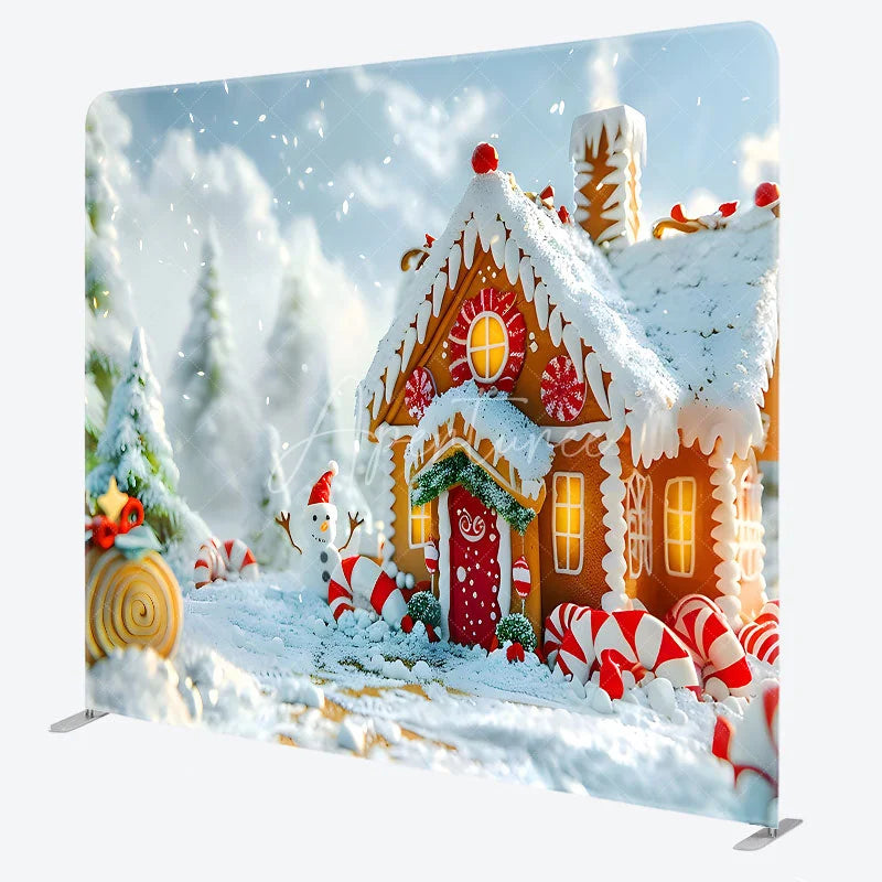 Aperturee - Aperturee Christmas Gingerbread House Double-Sided Tension Fabric Backdrop Winter Candyland Holiday Party Photo Booth