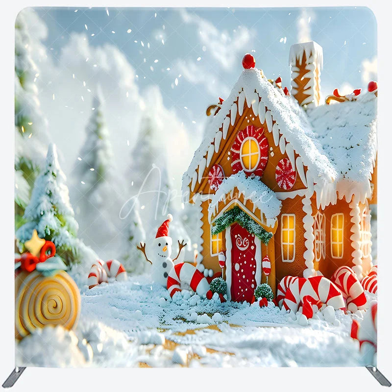 Aperturee - Aperturee Christmas Gingerbread House Double-Sided Tension Fabric Backdrop Winter Candyland Holiday Party Photo Booth