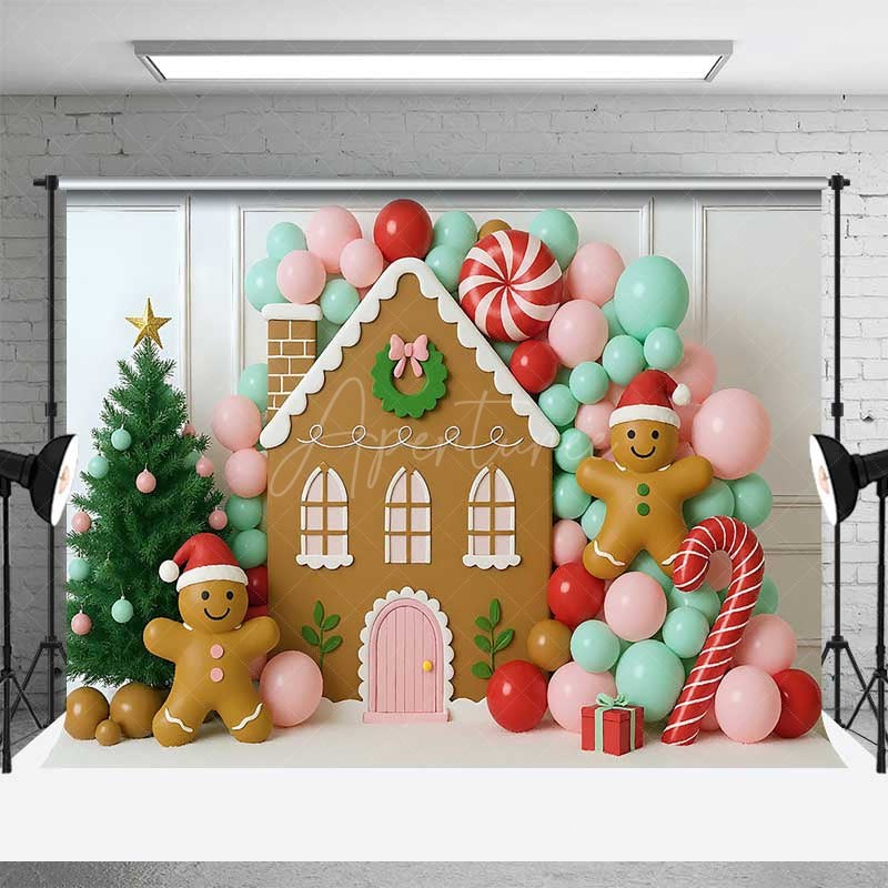 Aperturee Aperturee Christmas Gingerbread House Photography Backdrop Pastel Balloon Garland and Xmas Tree Kids Holiday Photo Prop