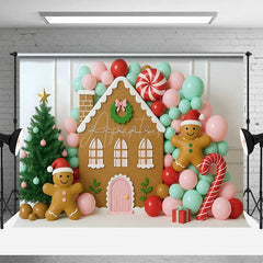Aperturee Aperturee Christmas Gingerbread House Photography Backdrop Pastel Balloon Garland and Xmas Tree Kids Holiday Photo Prop