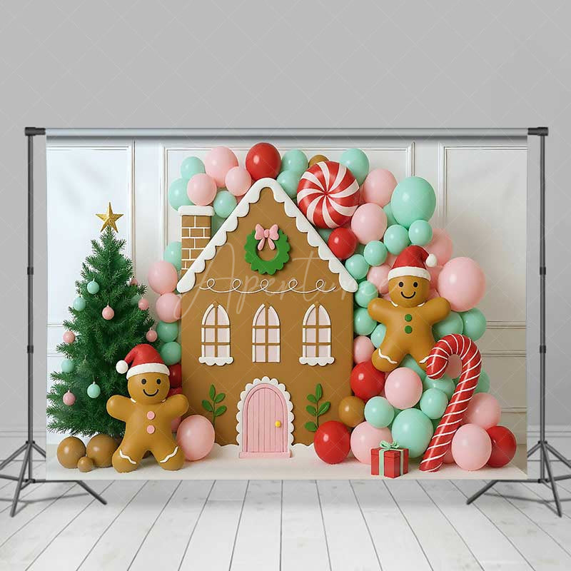 Aperturee Aperturee Christmas Gingerbread House Photography Backdrop Pastel Balloon Garland and Xmas Tree Kids Holiday Photo Prop