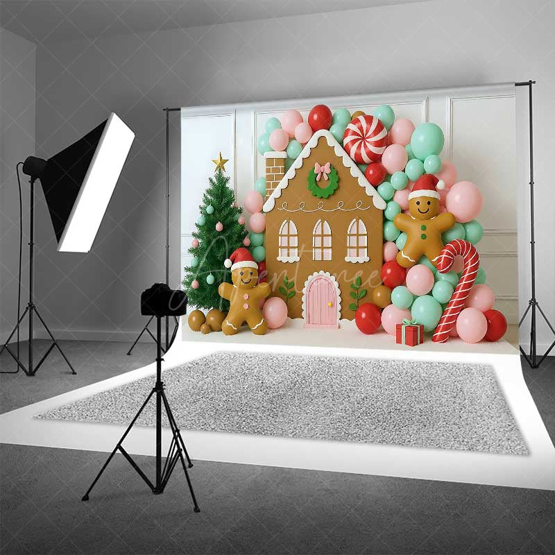 Aperturee Aperturee Christmas Gingerbread House Photography Backdrop Pastel Balloon Garland and Xmas Tree Kids Holiday Photo Prop