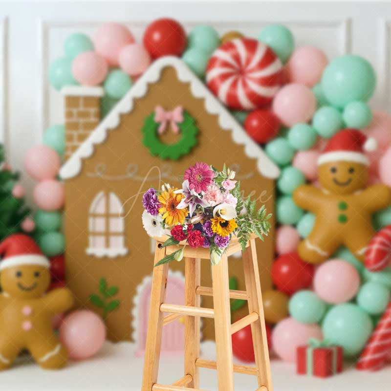 Aperturee Aperturee Christmas Gingerbread House Photography Backdrop Pastel Balloon Garland and Xmas Tree Kids Holiday Photo Prop