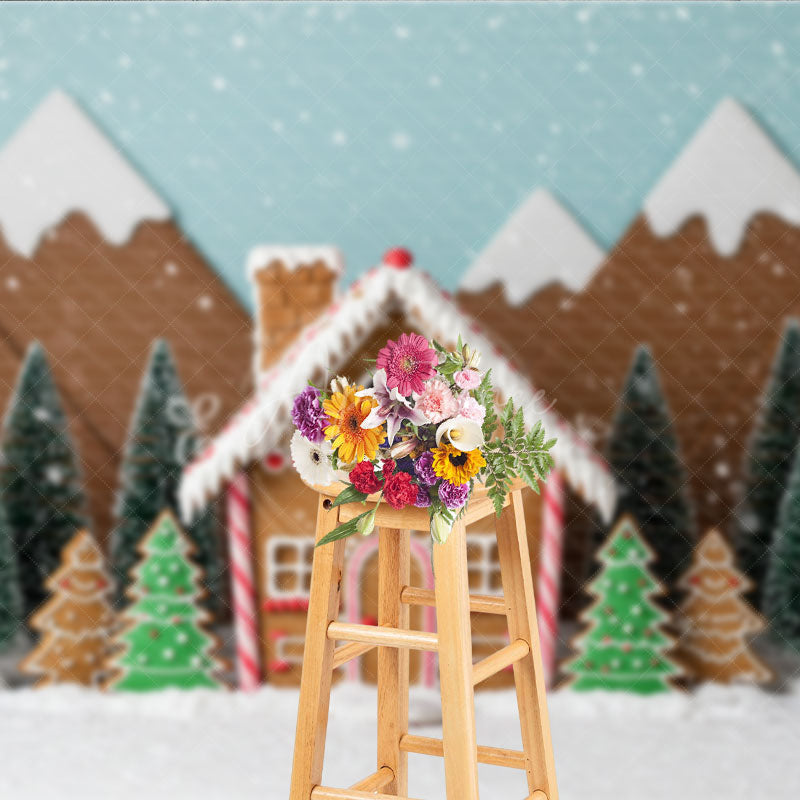 Aperturee - Aperturee Christmas Gingerbread House Photography Backdrop Snowy Candy Village Scene Holiday Mini Session Photo Background