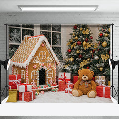 Aperturee - Aperturee Christmas Gingerbread House Photography Backdrop Teddy Bear and Trees Holiday Candyland Mini Session Background