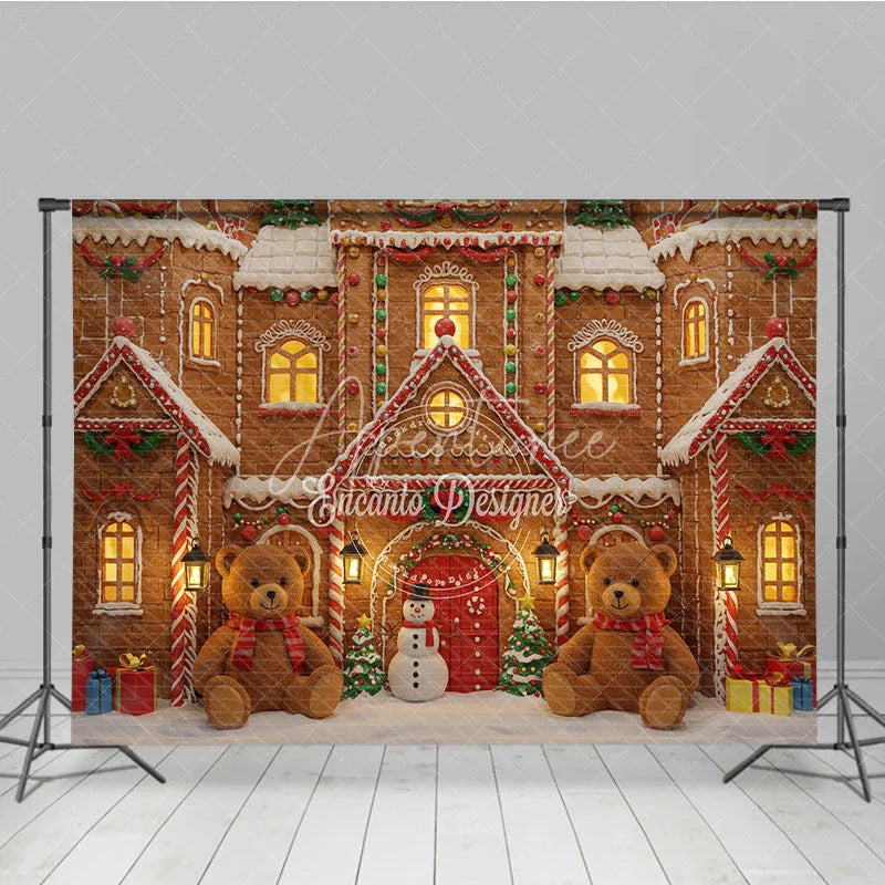 Aperturee - Aperturee Christmas Gingerbread House Photography Backdrop Teddy Bears and Snowman Candyland Holiday Photo Background