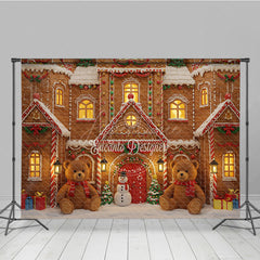 Aperturee - Aperturee Christmas Gingerbread House Photography Backdrop Teddy Bears and Snowman Candyland Holiday Photo Background