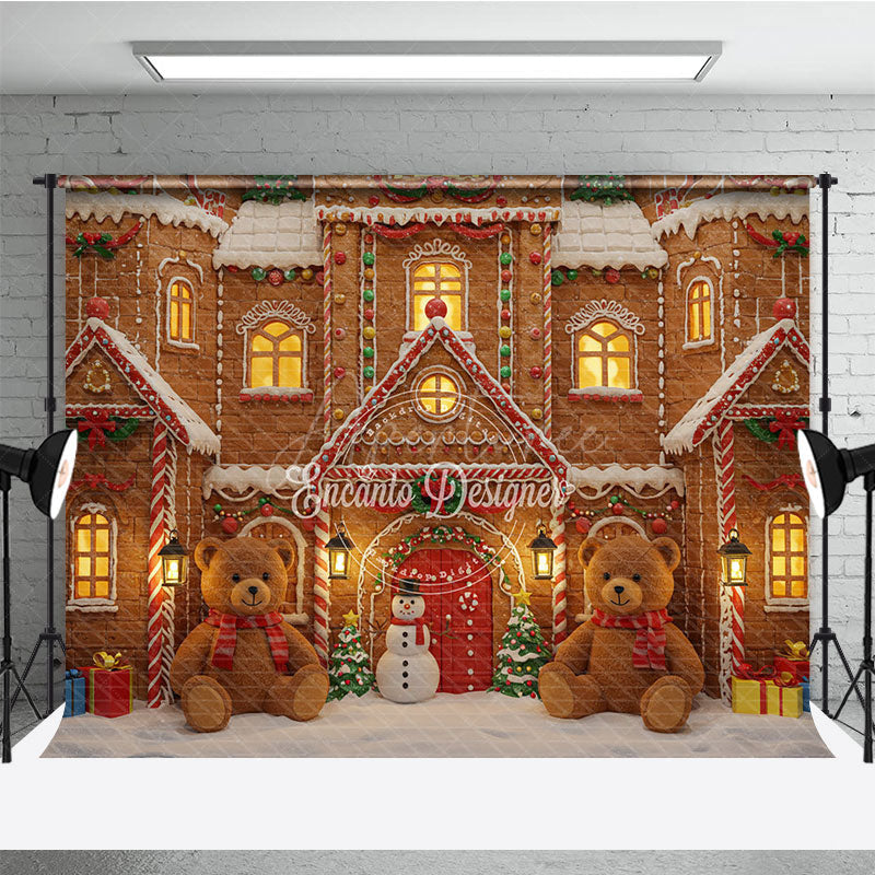 Aperturee - Aperturee Christmas Gingerbread House Photography Backdrop Teddy Bears and Snowman Candyland Holiday Photo Background