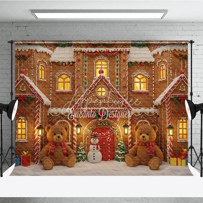 Aperturee - Aperturee Christmas Gingerbread House Photography Backdrop Teddy Bears and Snowman Candyland Holiday Photo Background