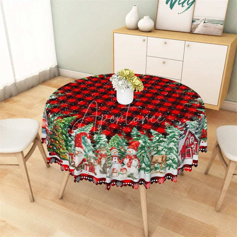 Aperturee - Aperturee Christmas Gnome Buffalo Plaid Round Tablecloth Winter Snowman Red Barn Table Cover for Holiday