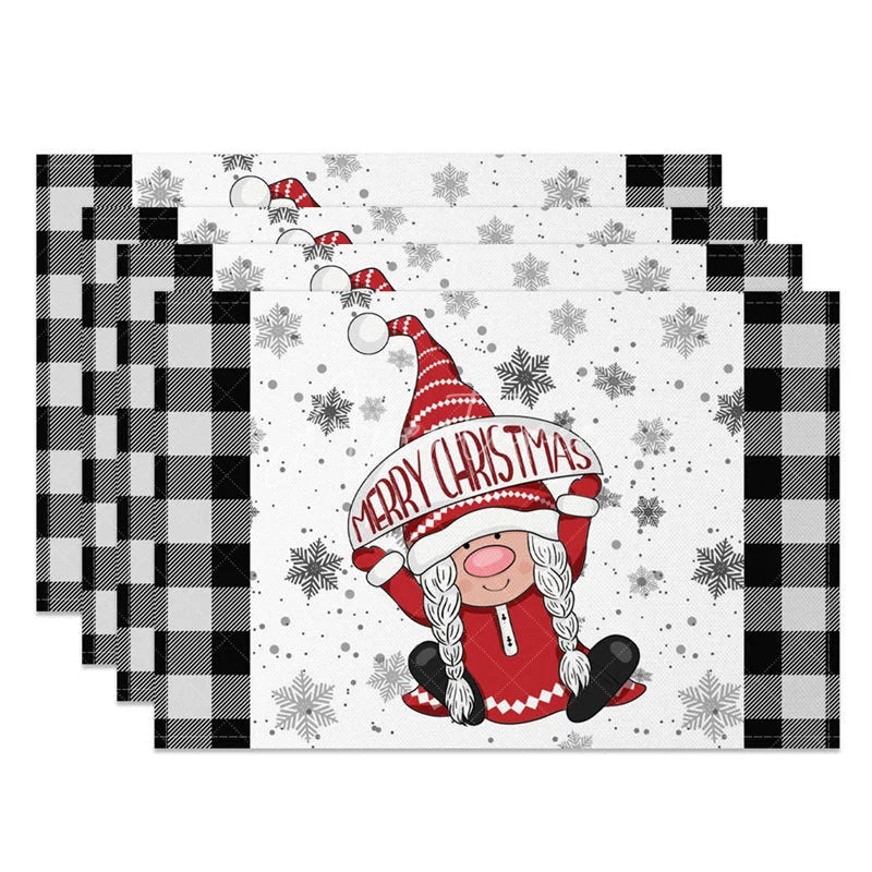 Aperturee - Aperturee Christmas Gnome Set of 4 Placemats Black and White Buffalo Plaid Girl Gnome with Snowflakes Table Mats