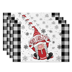 Aperturee - Aperturee Christmas Gnome Set of 4 Placemats Black and White Buffalo Plaid Girl Gnome with Snowflakes Table Mats