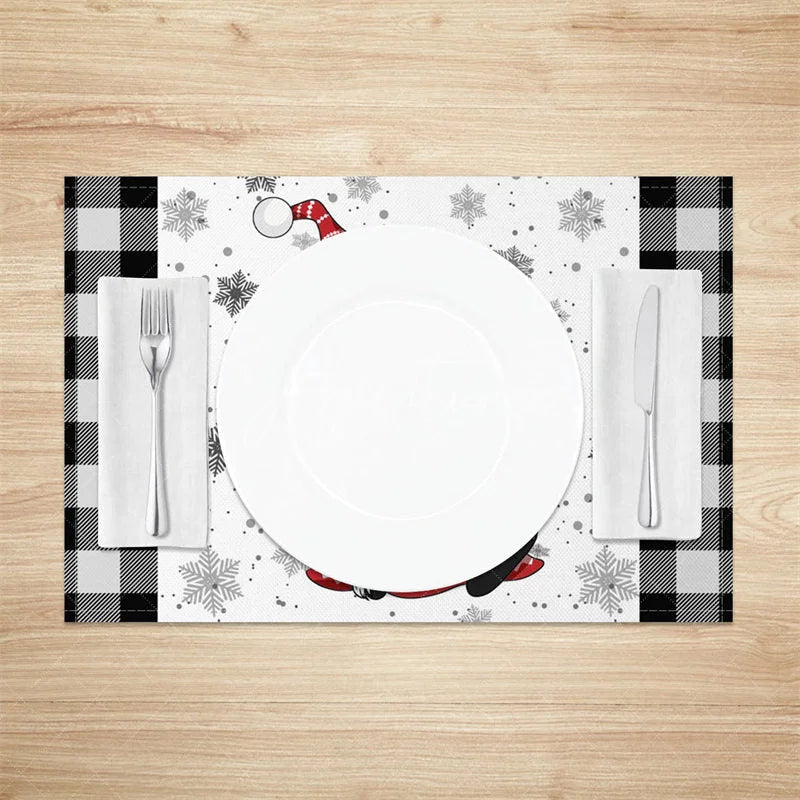 Aperturee - Aperturee Christmas Gnome Set of 4 Placemats Black and White Buffalo Plaid Girl Gnome with Snowflakes Table Mats