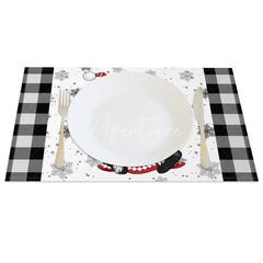 Aperturee - Aperturee Christmas Gnome Set of 4 Placemats Black and White Buffalo Plaid Girl Gnome with Snowflakes Table Mats