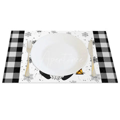 Aperturee - Aperturee Christmas Gnome Set of 4 Placemats Black and White Buffalo Plaid Gnome with Lantern Snowflakes Table Mats