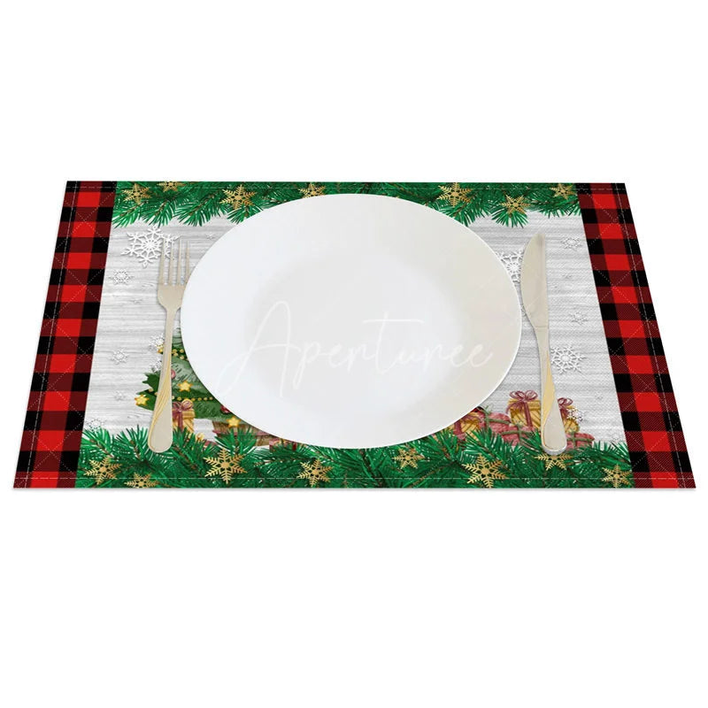 Aperturee - Aperturee Christmas Gnome Set of 4 Placemats Red Buffalo Plaid Border Gnome with Reindeer Antlers Table Mats