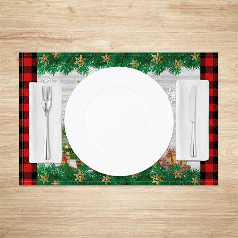 Aperturee - Aperturee Christmas Gnome Set of 4 Placemats Red Buffalo Plaid Border Gnome with Reindeer Antlers Table Mats