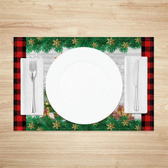 Aperturee - Aperturee Christmas Gnome Set of 4 Placemats Red Buffalo Plaid Border Gnome with Reindeer Antlers Table Mats