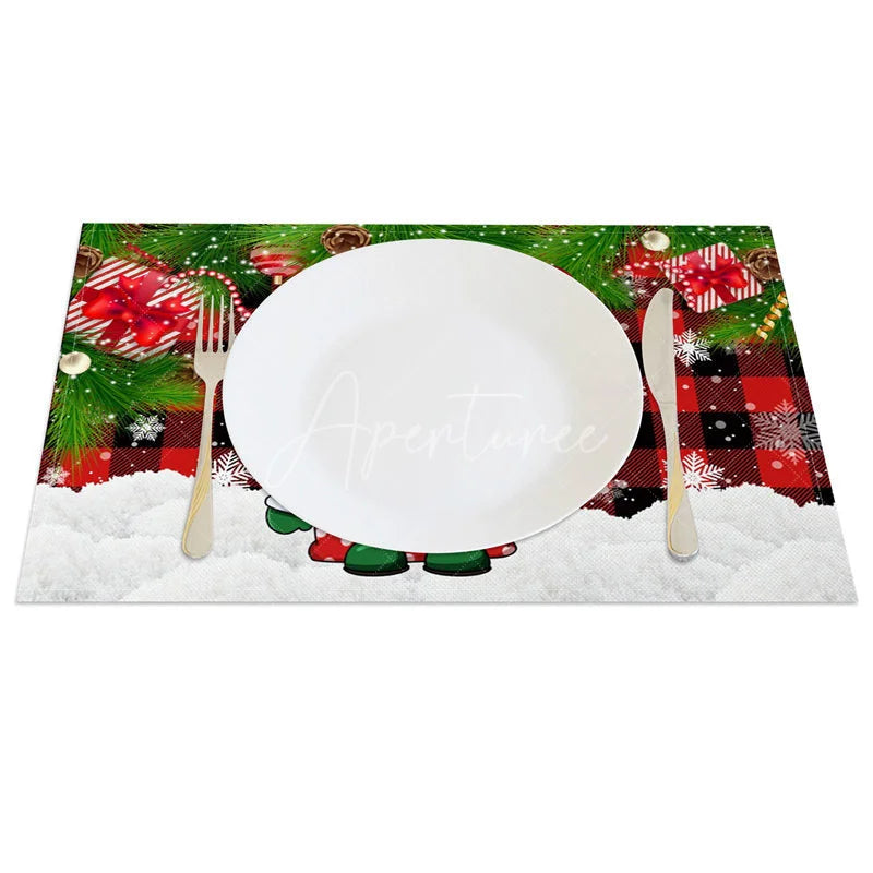 Aperturee - Aperturee Christmas Gnome Set of 4 Placemats Red Buffalo Plaid Check Gnome with Candy Cane Xmas Tree Table Mats