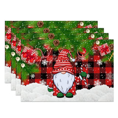 Aperturee - Aperturee Christmas Gnome Set of 4 Placemats Red Buffalo Plaid Check Gnome with Candy Cane Xmas Tree Table Mats