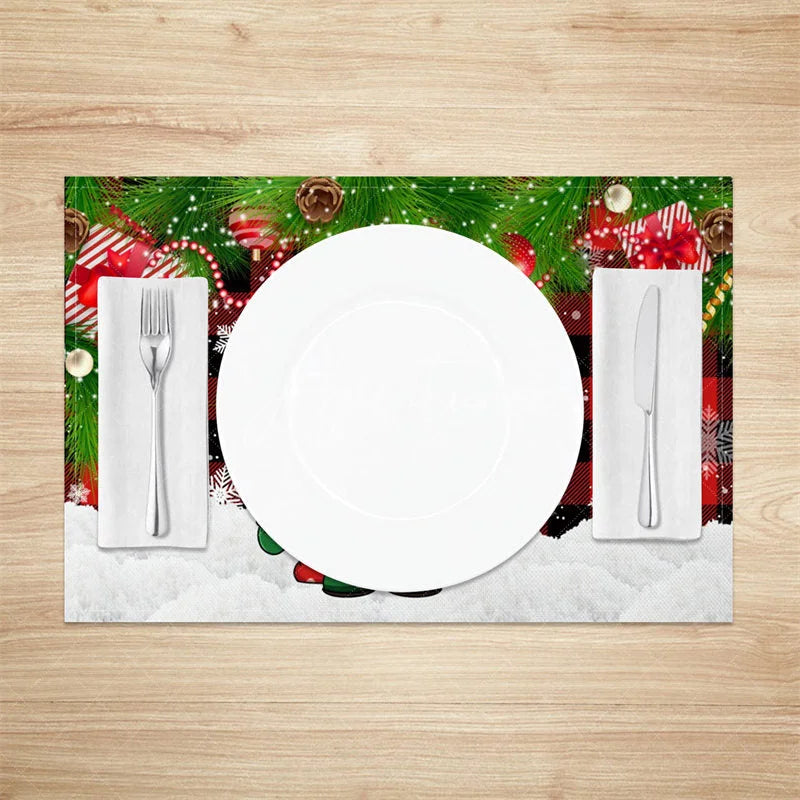 Aperturee - Aperturee Christmas Gnome Set of 4 Placemats Red Buffalo Plaid Check Gnome with Candy Cane Xmas Tree Table Mats