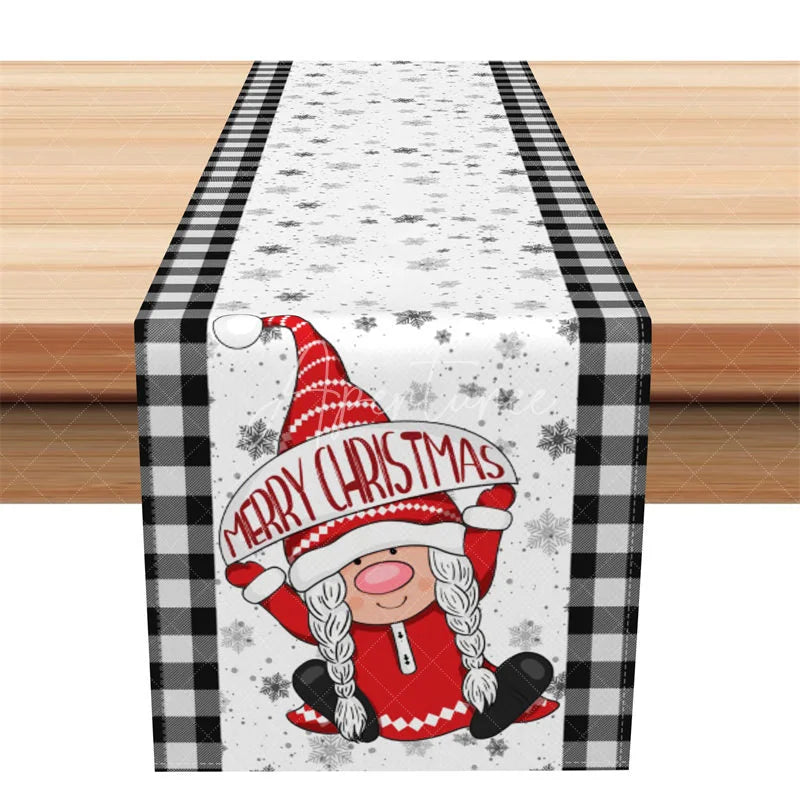 Aperturee - Aperturee Christmas Gnome Table Runner Black and White Buffalo Plaid Snowflake Holiday Farmhouse Table Decor