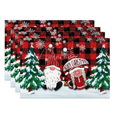 Aperturee - Aperturee Christmas Gnomes Set of 4 Placemats Red Buffalo Plaid Snowy Trees Farmhouse Holiday Table Mats