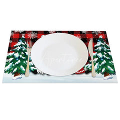 Aperturee - Aperturee Christmas Gnomes Set of 4 Placemats Red Buffalo Plaid Snowy Trees Farmhouse Holiday Table Mats