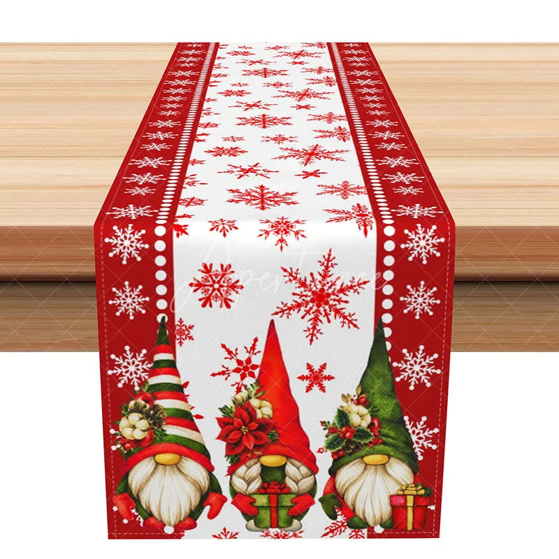 Aperturee - Aperturee Christmas Gnomes with Red Poinsettia Table Runner Festive Snowflake Farmhouse Holiday Dining Decor