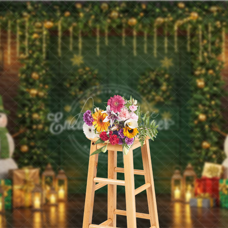 Aperturee - Aperturee Christmas Green Door Photography Backdrop Snowmen with Garland and Lanterns Holiday Mini Session Background