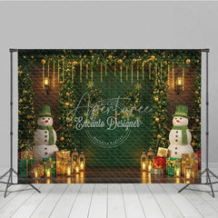 Aperturee - Aperturee Christmas Green Door Photography Backdrop Snowmen with Garland and Lanterns Holiday Mini Session Background